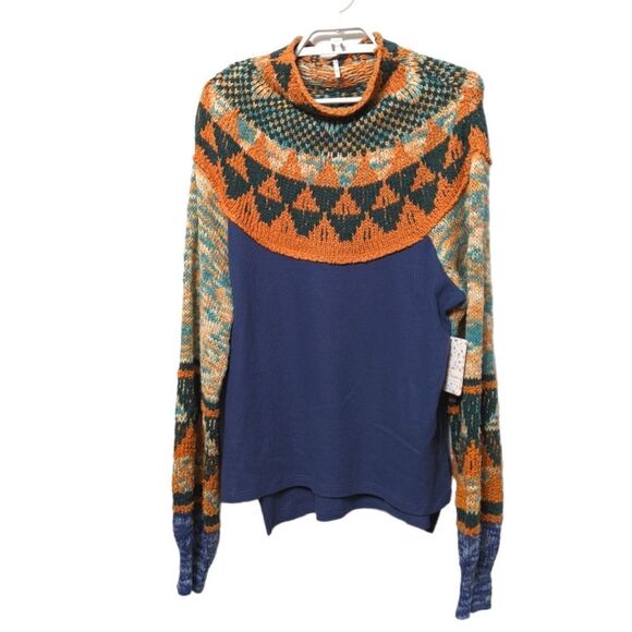 NWT FREE PEOPLE Swit the Small Stuff Mock Neck Sweater Top Navy Combo XL - Picture 2 of 7